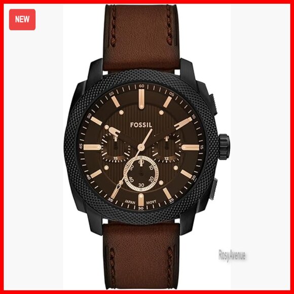 Stainless Steel Chronograph Watch 44mm Case Leather Band Water Resistant